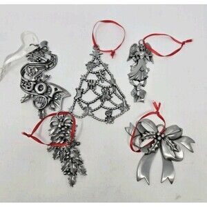 VINTAGE CAMCO PEWTER CHRISTMAS ORNAMENT BUNDLE SET OF 5 TREE ANGEL BOW HOLIDAY